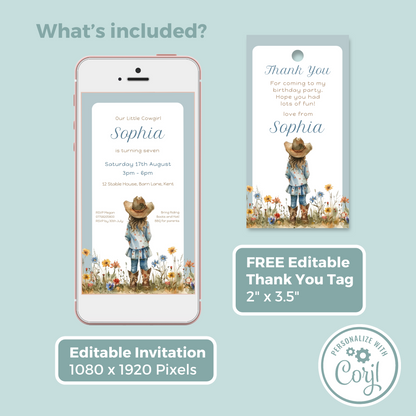 Editable Evite Birthday Invitation and FREE Thank You Tag - Cowgirl Blue