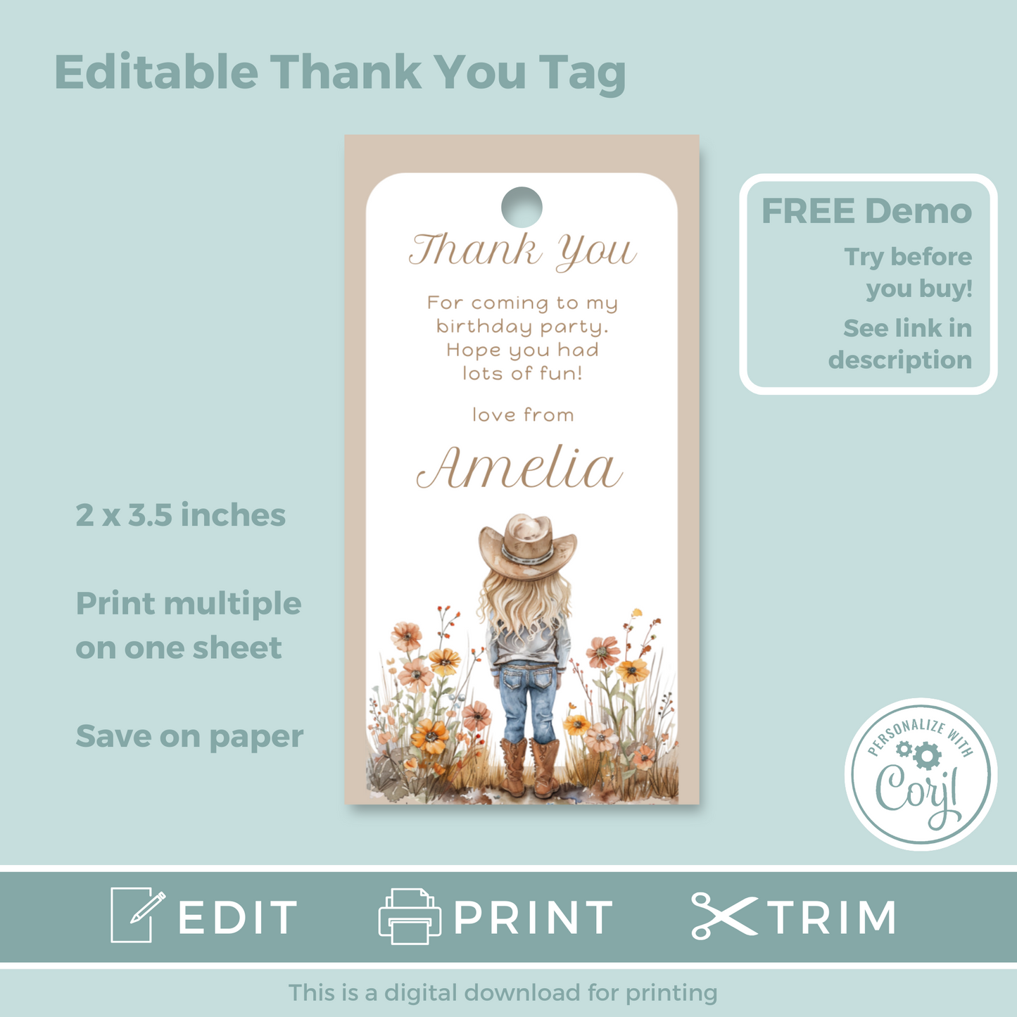 Editable Birthday Thank You Tag - Cowgirl Beige