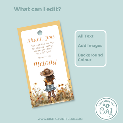 Editable Birthday Thank You Tag - Cowgirl Peach