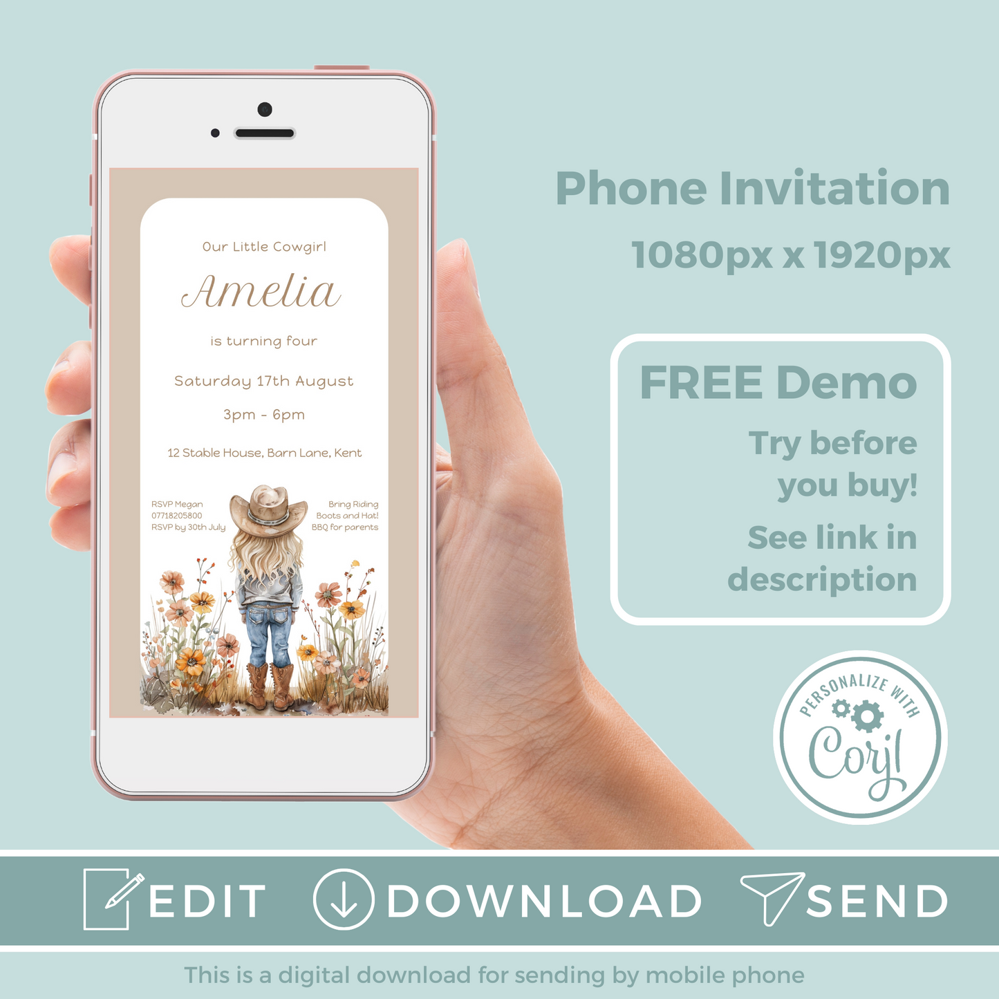 Editable Evite Birthday Invitation and FREE Thank You Tag - Cowgirl Beige