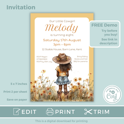 Editable Birthday Invitation and FREE Thank You Tag - Cowgirl Peach