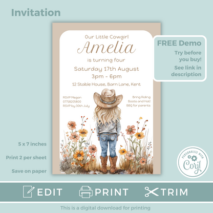 Editable Birthday Invitation and FREE Thank You Tag - Cowgirl Beige
