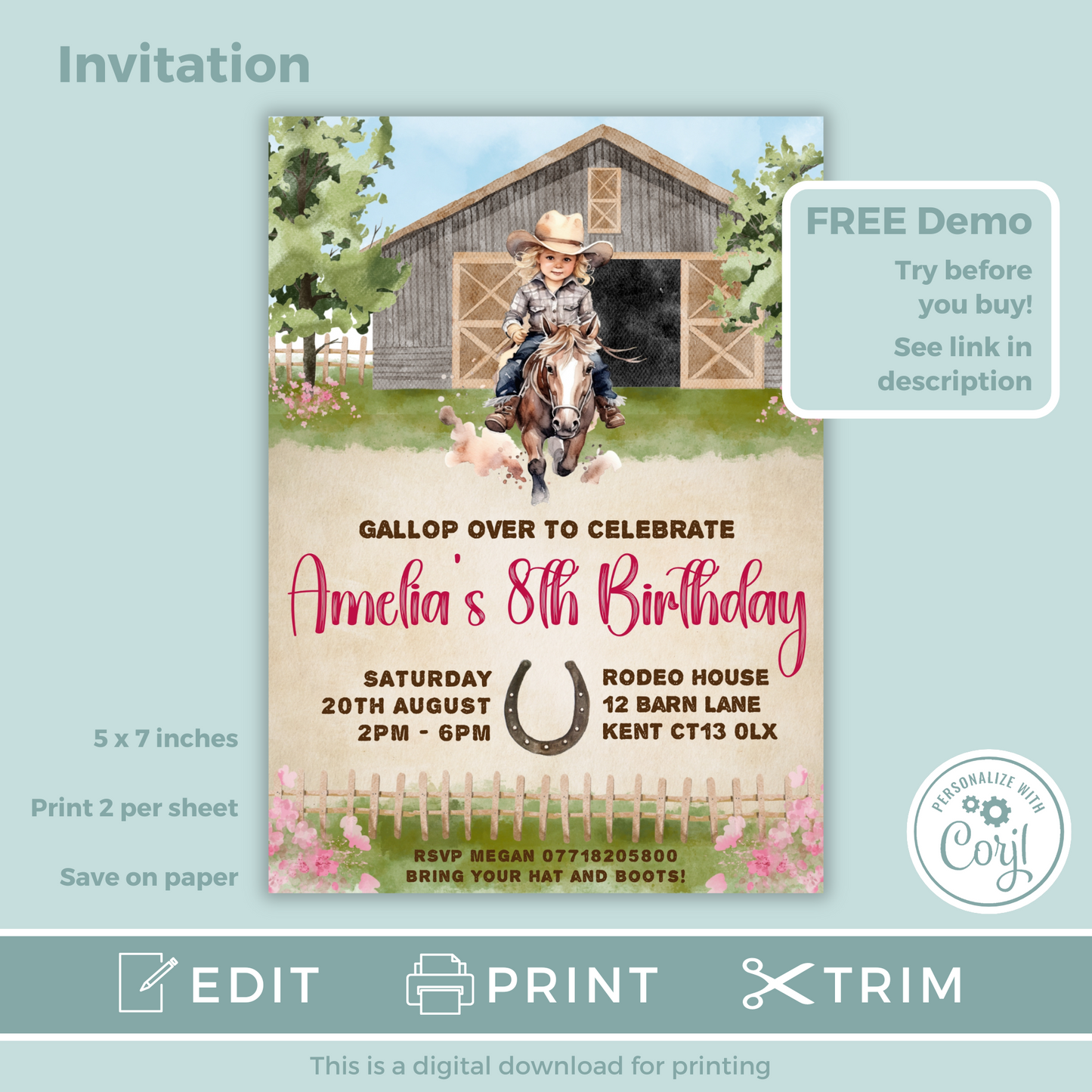 Editable Birthday Invitation and FREE Thank You Tag - Wild West