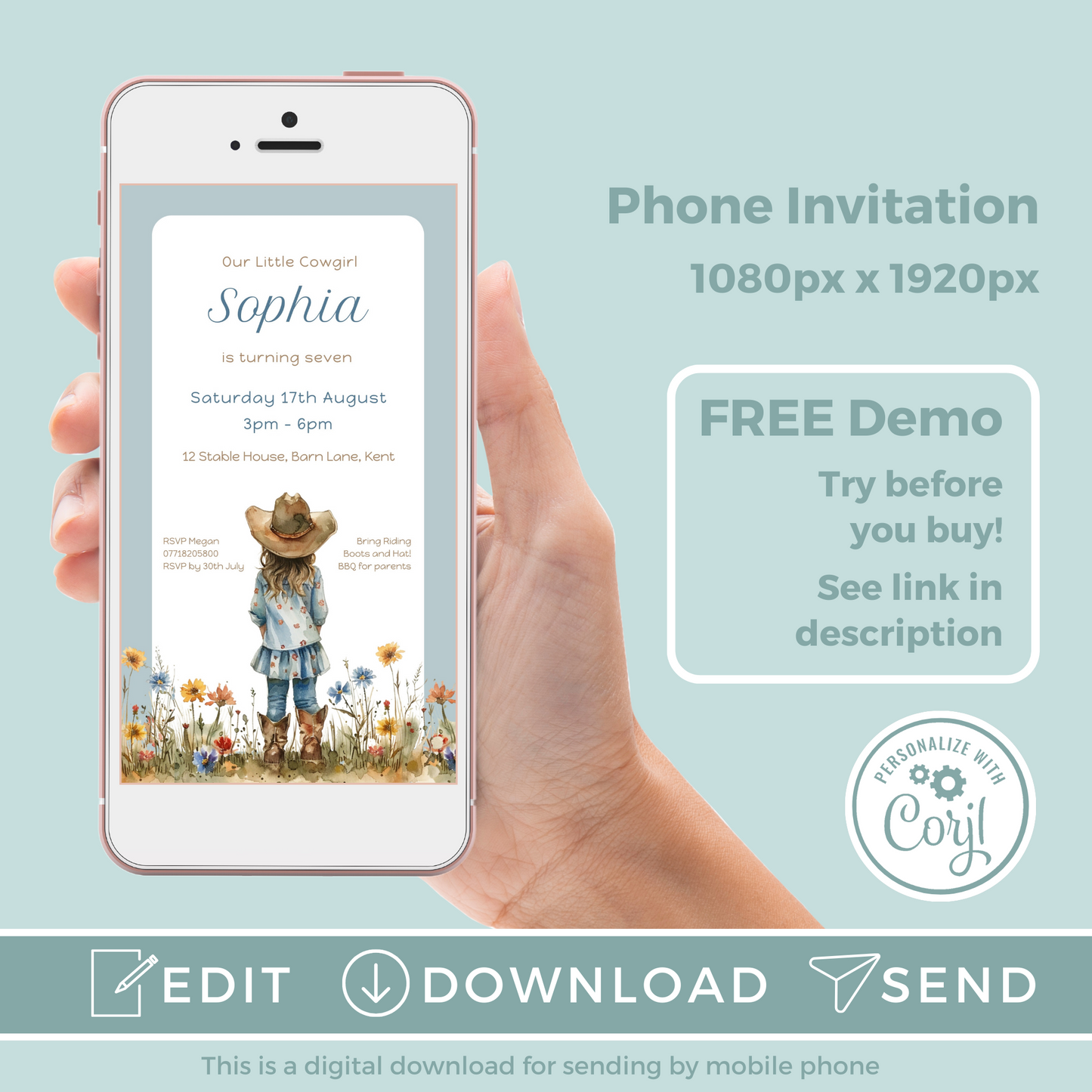 Editable Evite Birthday Invitation and FREE Thank You Tag - Cowgirl Blue