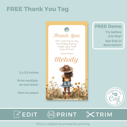 Editable Birthday Invitation and FREE Thank You Tag - Cowgirl Peach