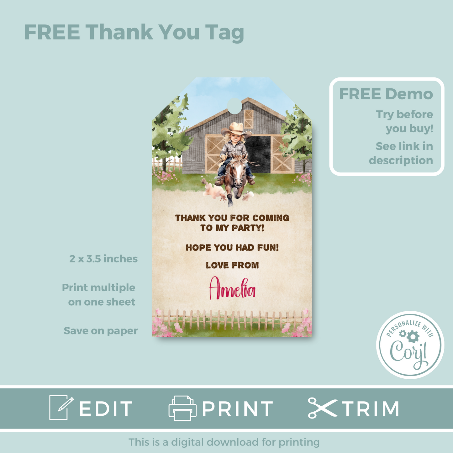 Editable Birthday Invitation and FREE Thank You Tag - Wild West