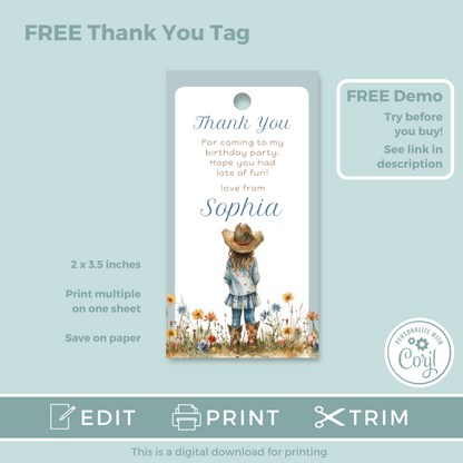 Editable Evite Birthday Invitation and FREE Thank You Tag - Cowgirl Blue