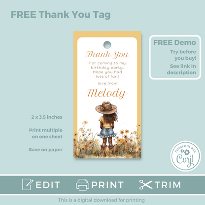 Editable Evite Birthday Invitation and FREE Thank You Tag - Cowgirl Peach