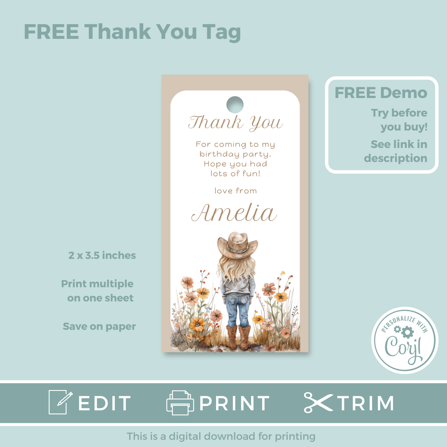 Editable Birthday Invitation and FREE Thank You Tag - Cowgirl Beige