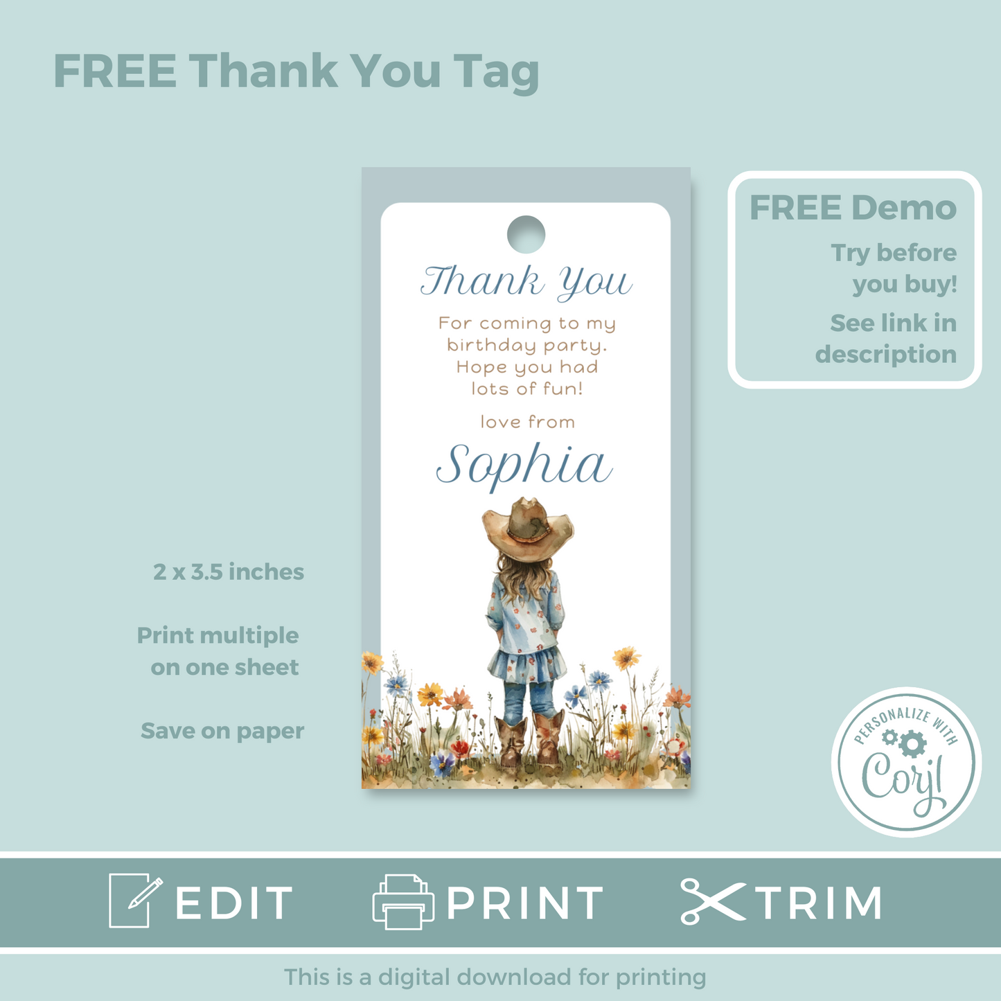 Editable Birthday Invitation and FREE Thank You Tag - Cowgirl Blue