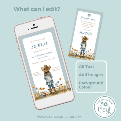 Editable Evite Birthday Invitation and FREE Thank You Tag - Cowgirl Blue