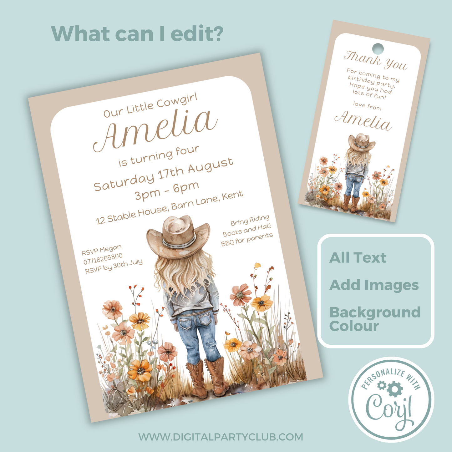 Editable Birthday Invitation and FREE Thank You Tag - Cowgirl Beige