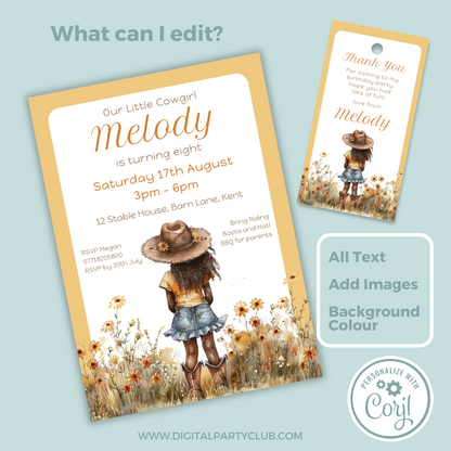 Editable Birthday Invitation and FREE Thank You Tag - Cowgirl Peach