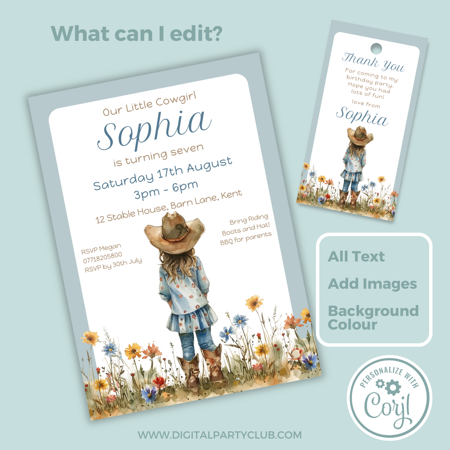 Editable Birthday Invitation and FREE Thank You Tag - Cowgirl Blue