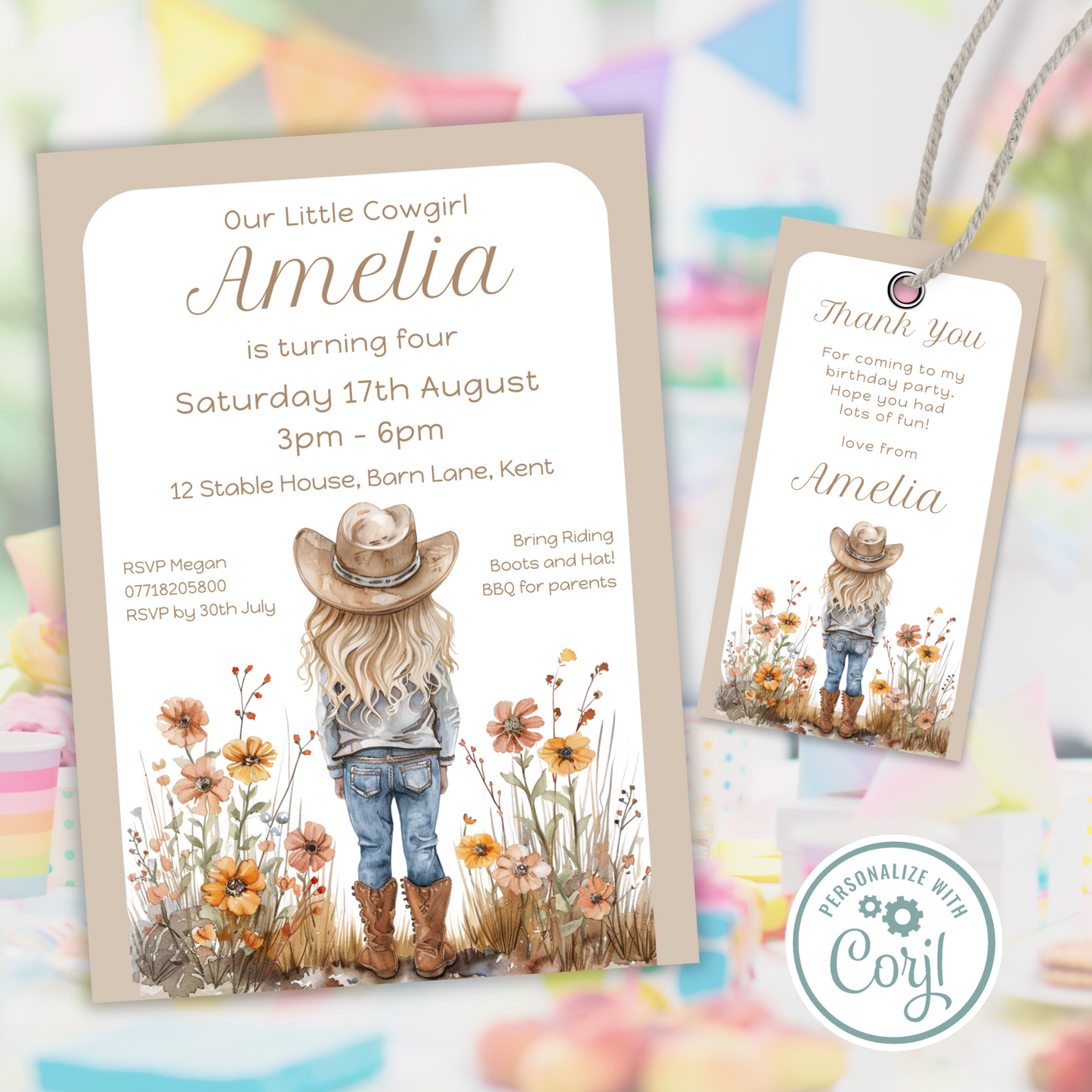 Editable Birthday Invitation and FREE Thank You Tag - Cowgirl Beige