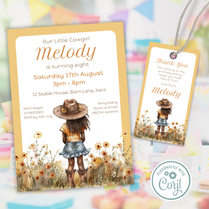 Editable Birthday Invitation and FREE Thank You Tag - Cowgirl Peach