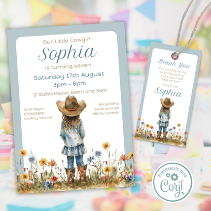 Editable Birthday Invitation and FREE Thank You Tag - Cowgirl Peach