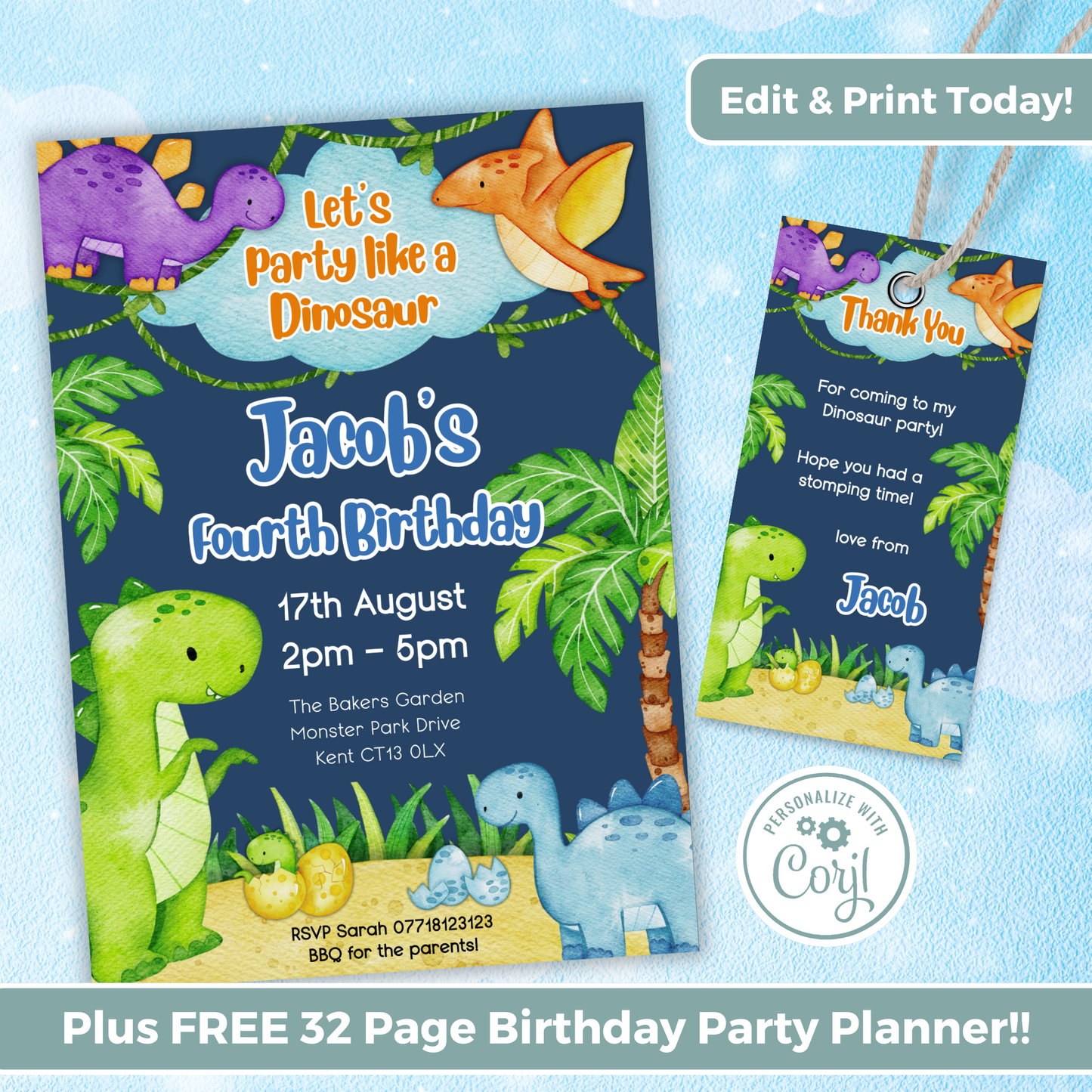 Editable Birthday Invitation and FREE Thank You Tag - Dinosaur