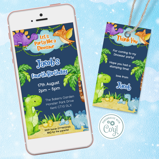 Editable Evite Birthday Invitation and FREE Thank You Tag - Dinosaur