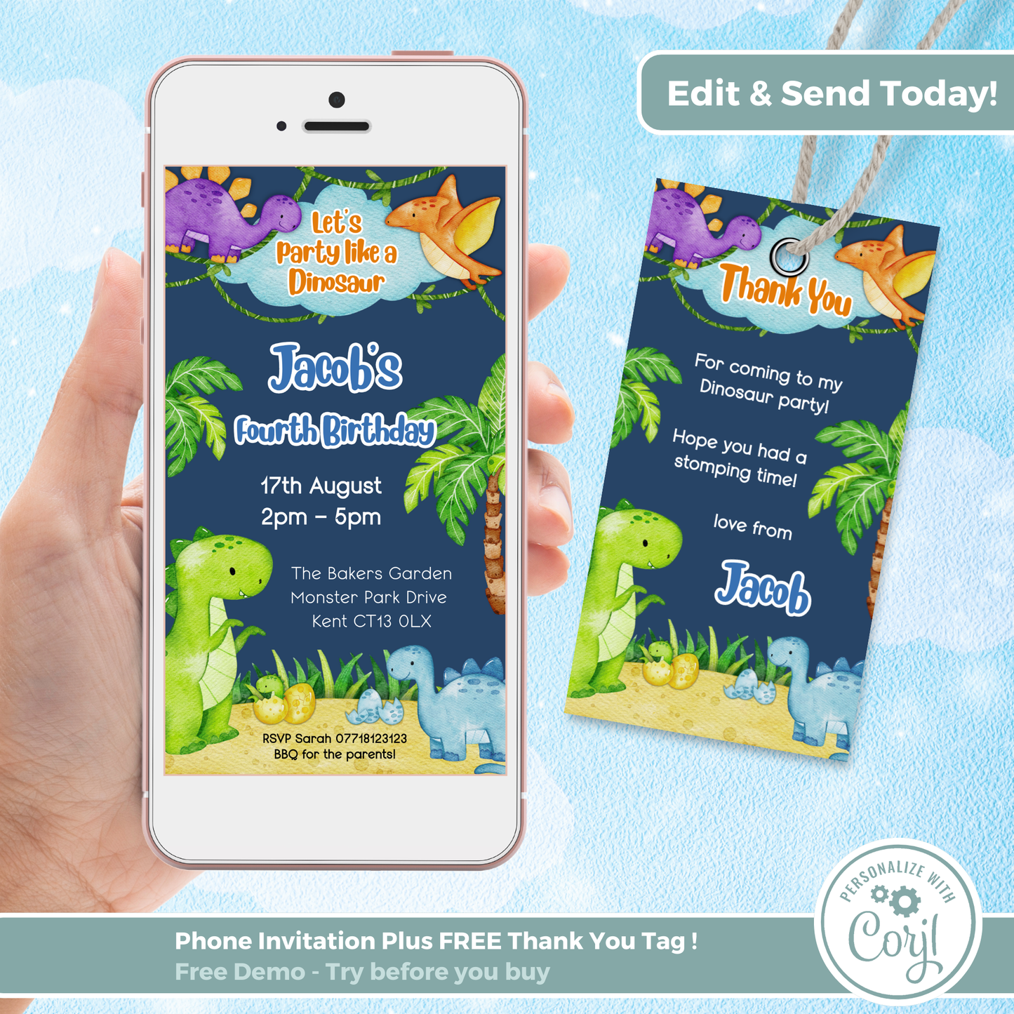 Editable Evite Birthday Invitation and FREE Thank You Tag - Dinosaur