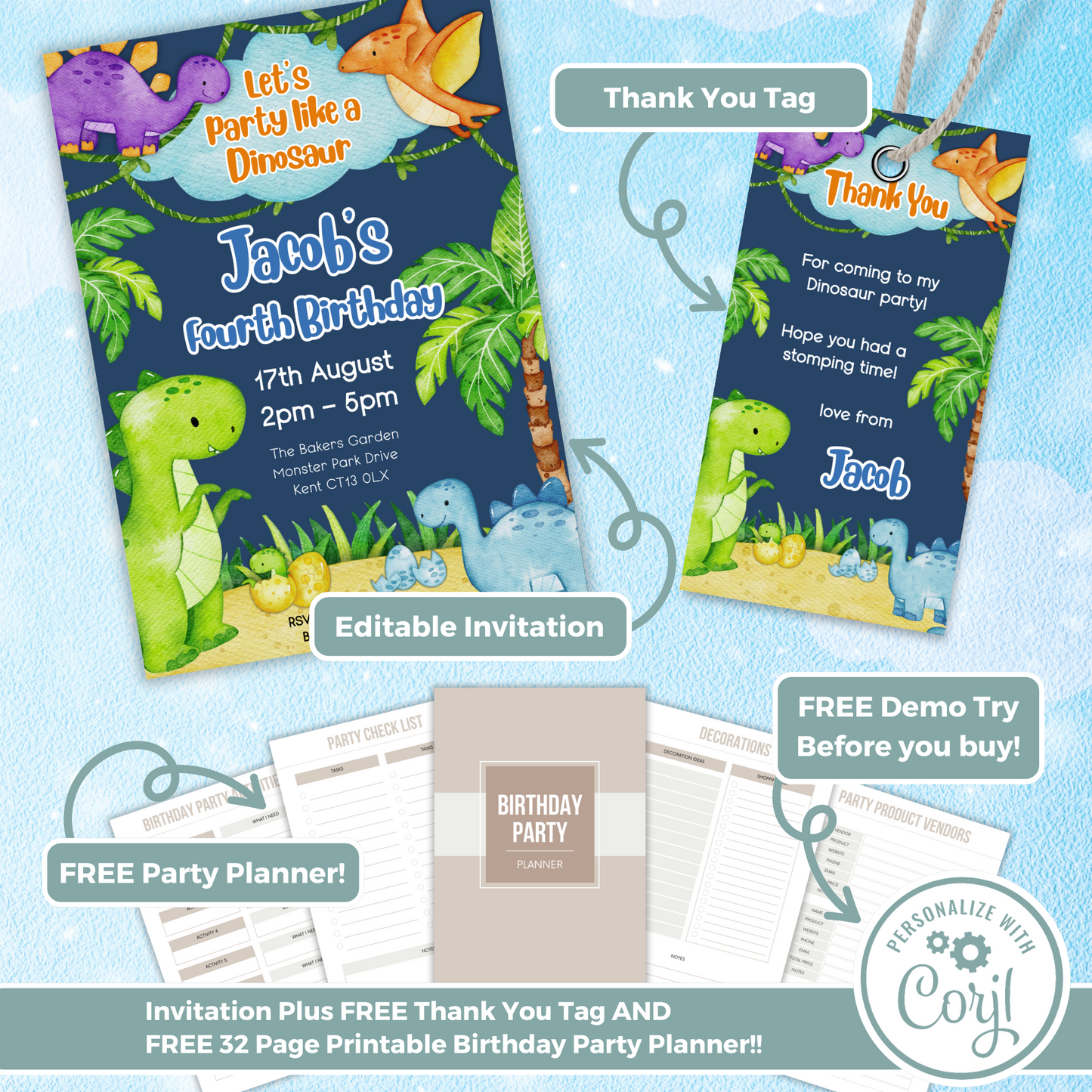 Editable Birthday Invitation and FREE Thank You Tag - Dinosaur