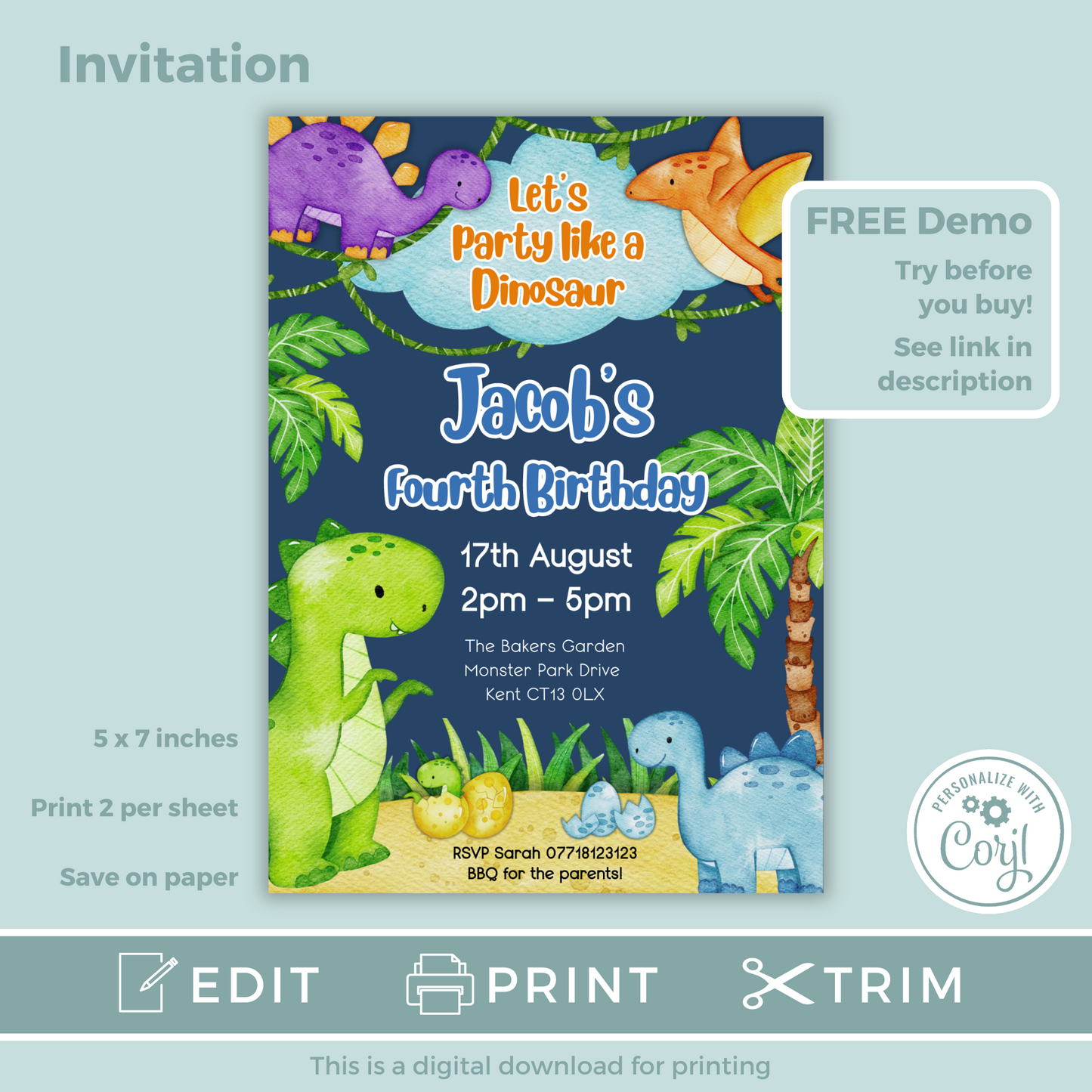 Editable Birthday Invitation and FREE Thank You Tag - Dinosaur