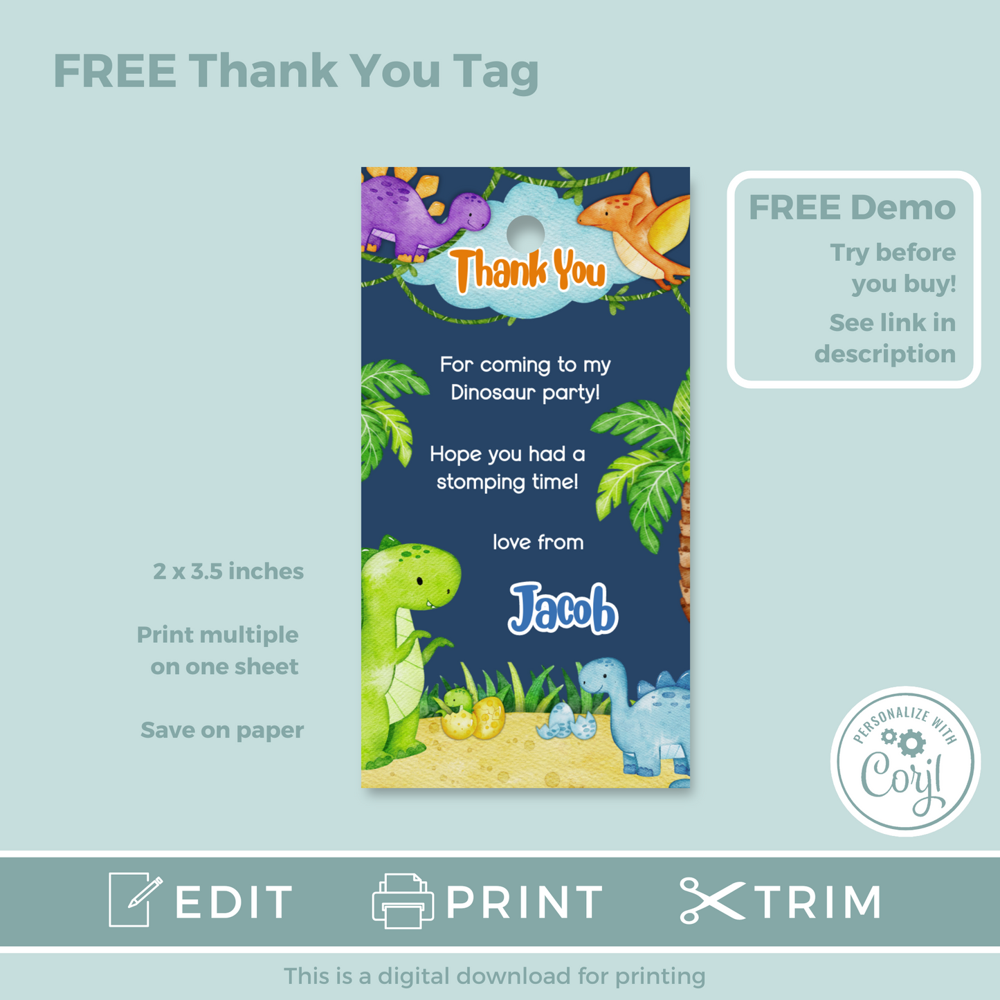 Editable Birthday Invitation and FREE Thank You Tag - Dinosaur