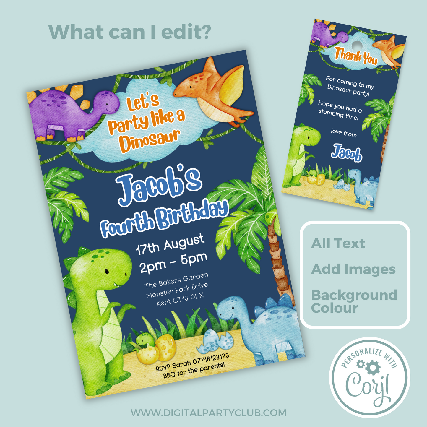 Editable Birthday Invitation and FREE Thank You Tag - Dinosaur