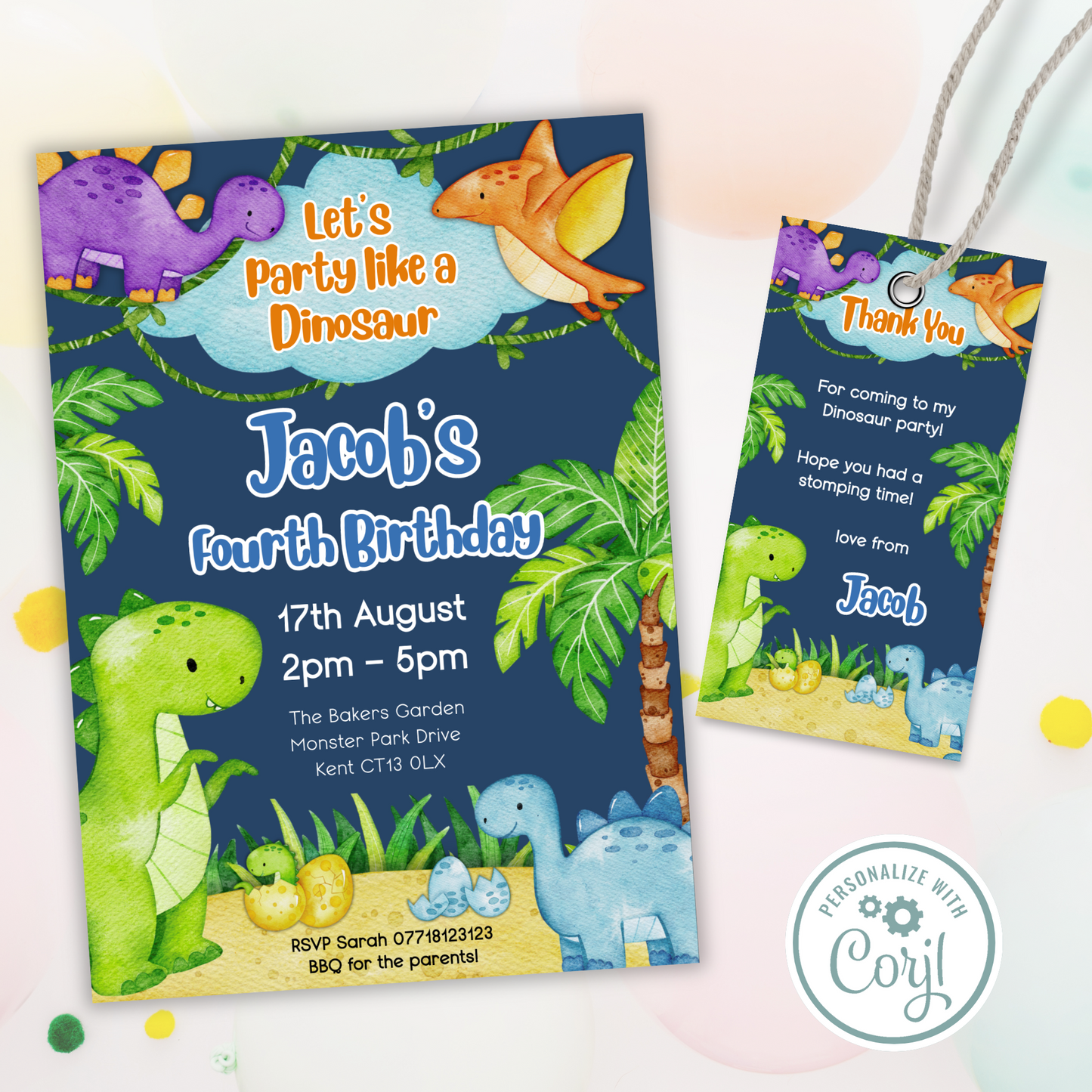 Editable Birthday Invitation and FREE Thank You Tag - Dinosaur