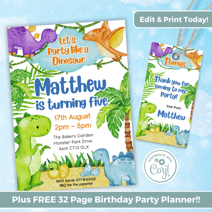 Editable Birthday Invitation and FREE Thank You Tag - Dinosaur
