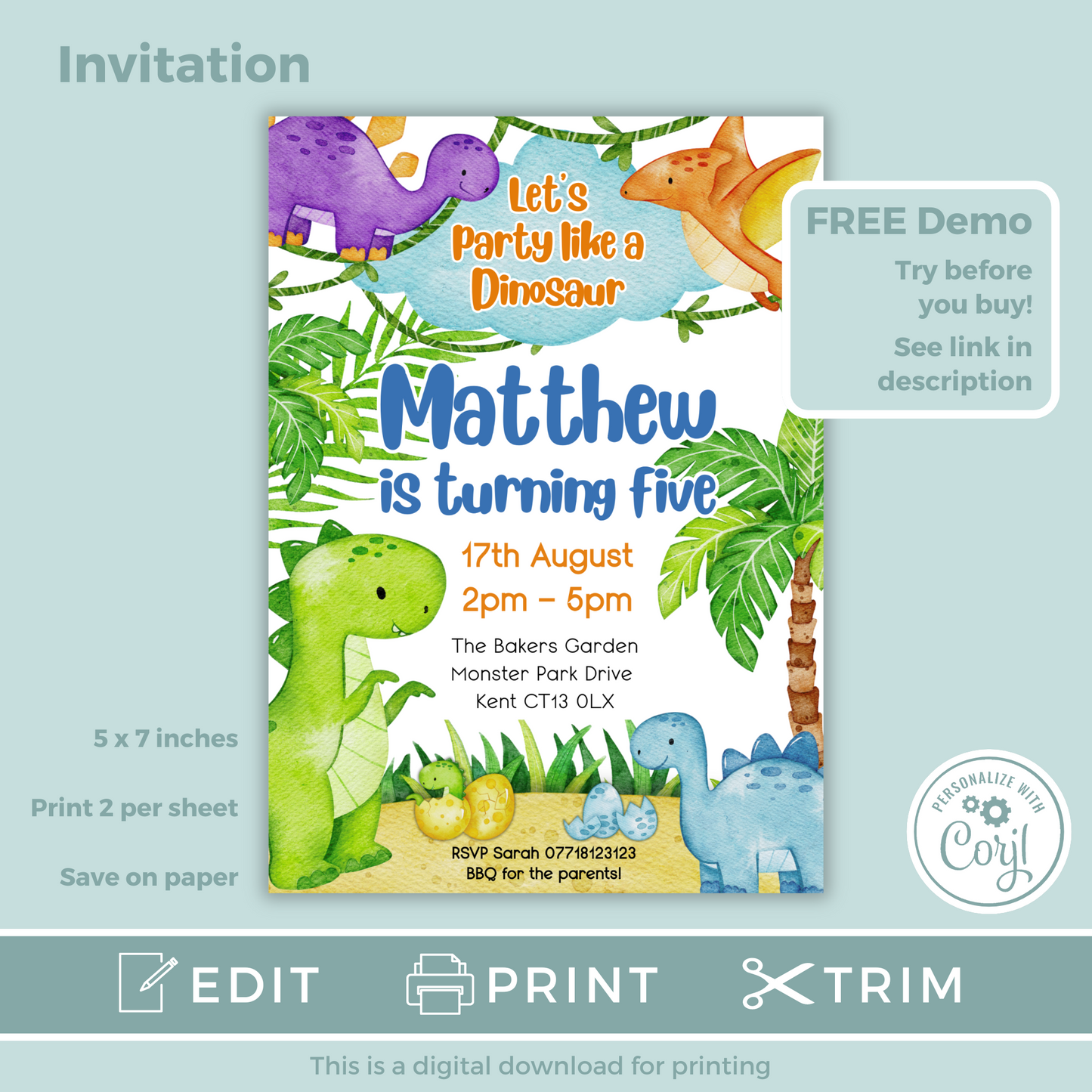 Editable Birthday Invitation and FREE Thank You Tag - Dinosaur