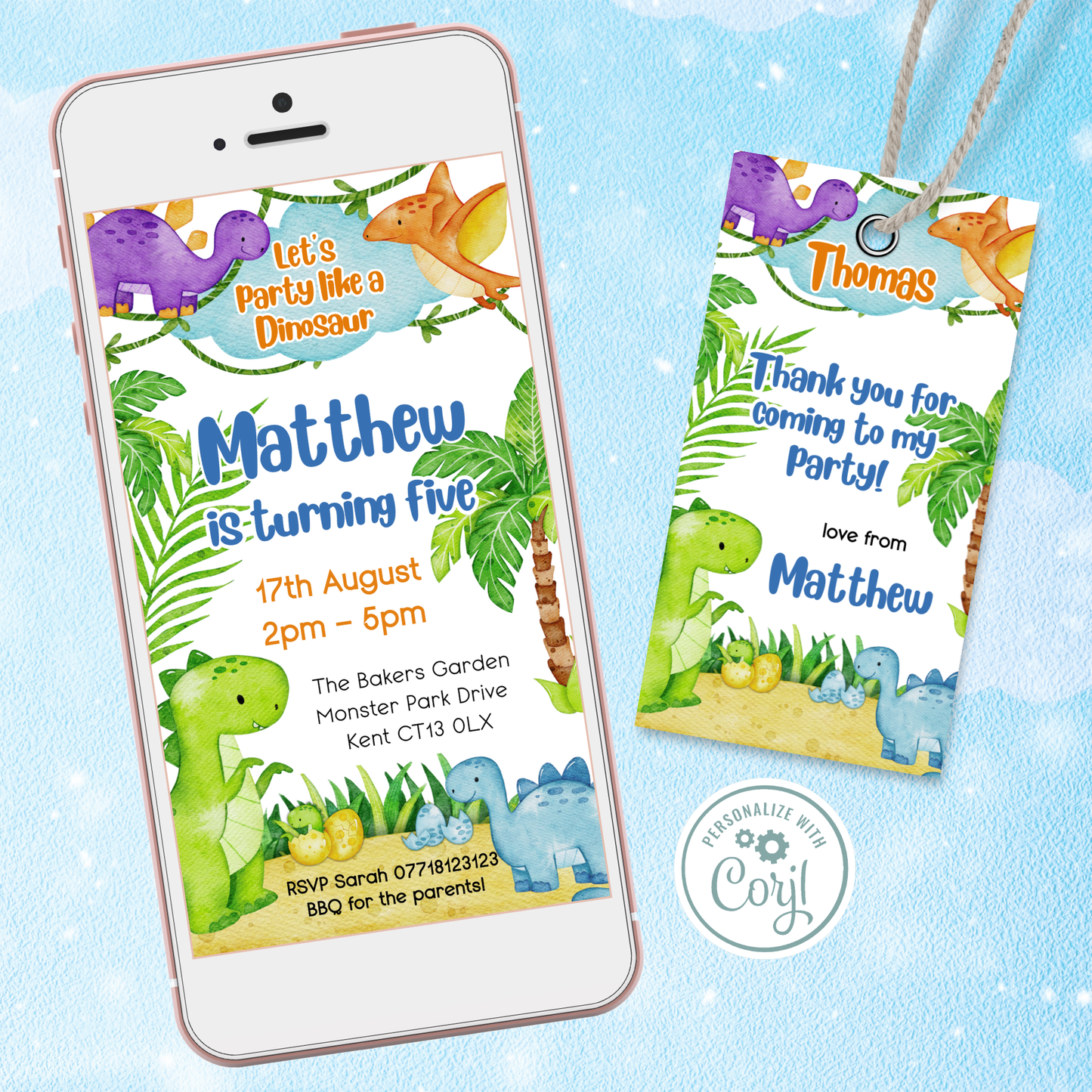 Editable Evite Birthday Invitation and FREE Thank You Tag - Dinosaur