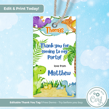 Editable Birthday Thank You Tag - Dinosaur