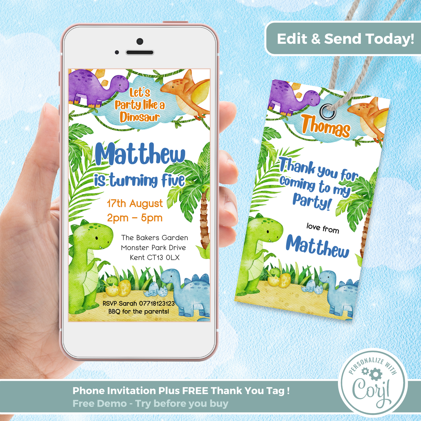 Editable Evite Birthday Invitation and FREE Thank You Tag - Dinosaur