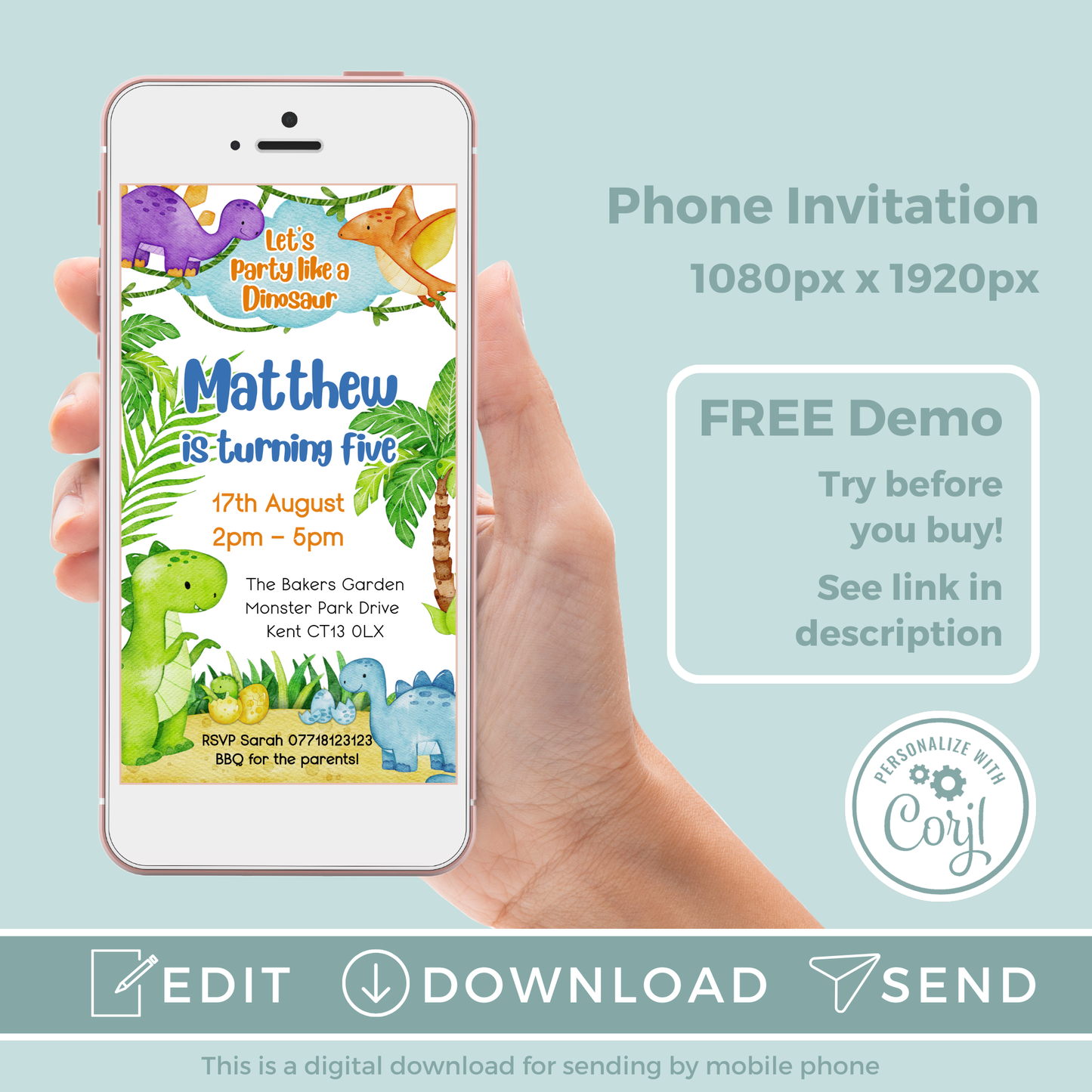 Editable Evite Birthday Invitation and FREE Thank You Tag - Dinosaur