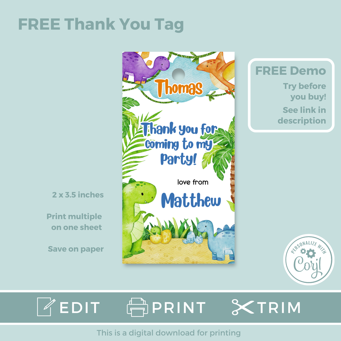 Editable Evite Birthday Invitation and FREE Thank You Tag - Dinosaur