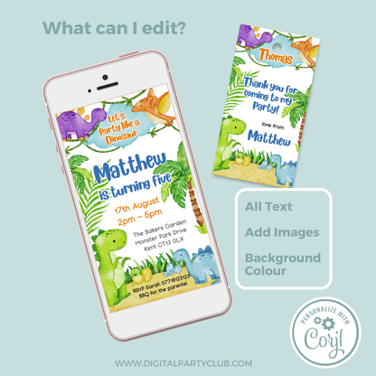 Editable Evite Birthday Invitation and FREE Thank You Tag - Dinosaur