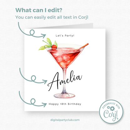 Editable Birthday Card - 18th Martini Glass