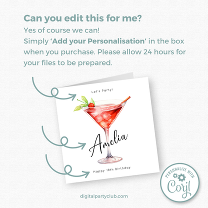 Editable Birthday Card - 18th Martini Glass