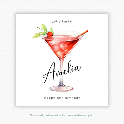 Editable Birthday Card - 18th Martini Glass