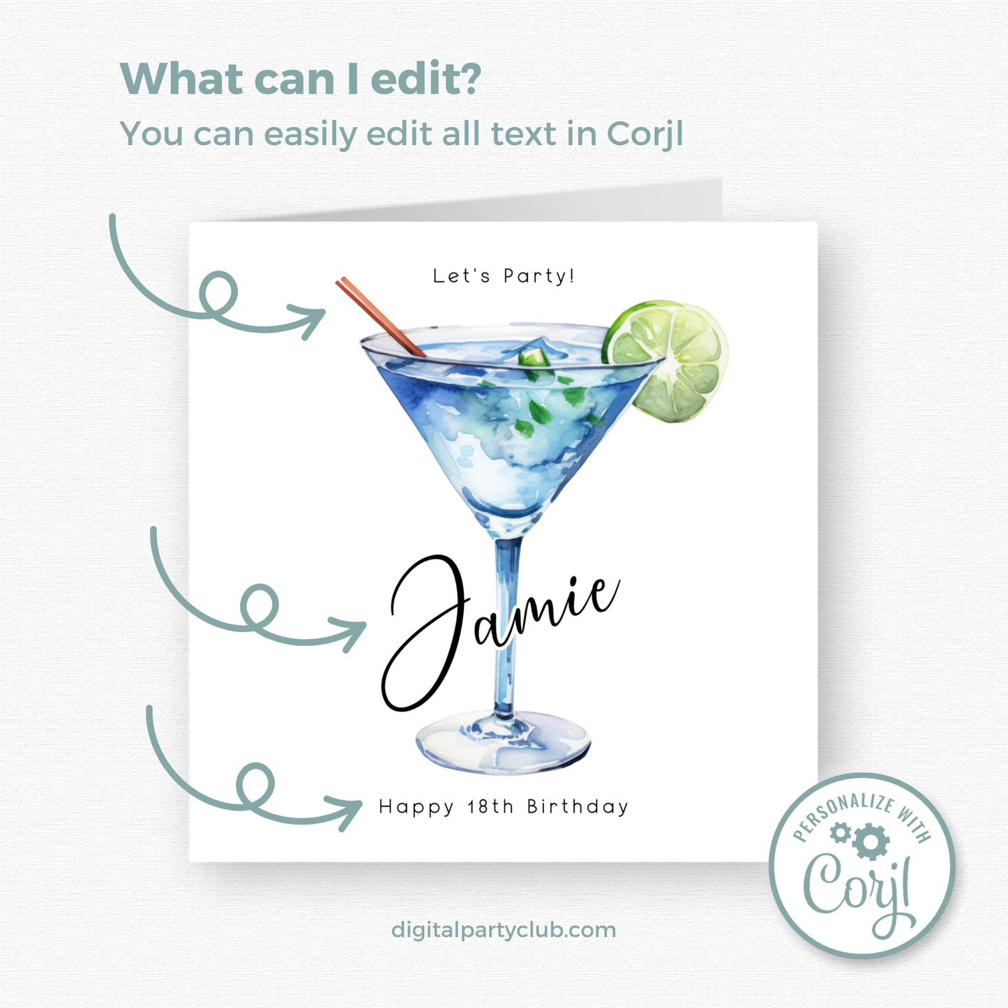Editable Birthday Card - 18th Martini Glass