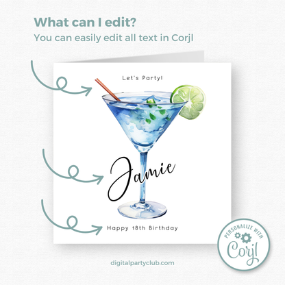 Editable Birthday Card - 18th Martini Glass
