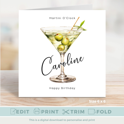 Editable Birthday Card - Martini Olive