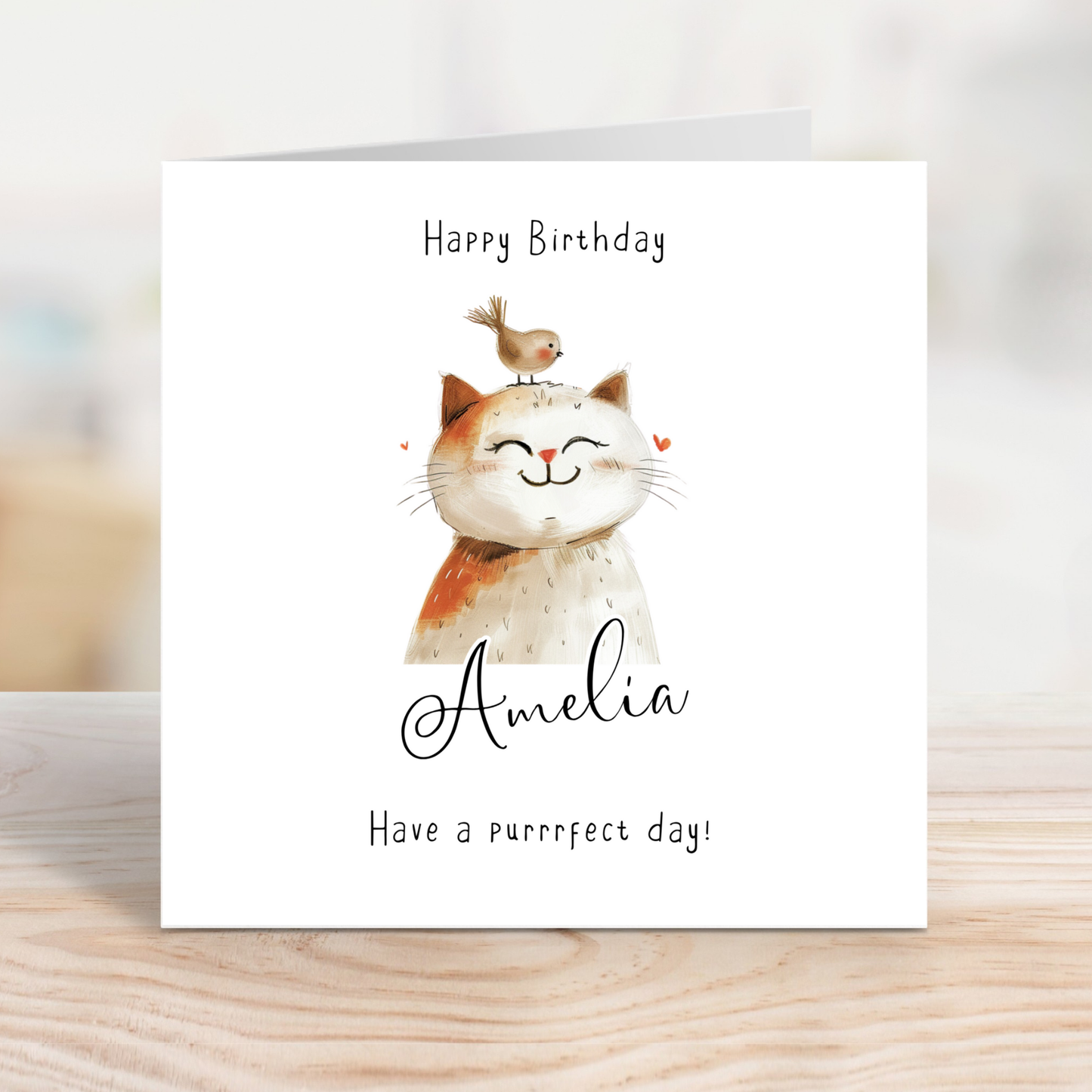 Editable Birthday Card - Cute Cat with Bird
