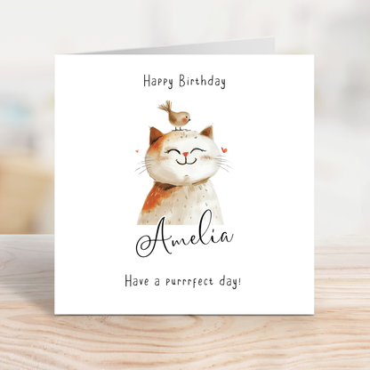 Editable Birthday Card - Cute Cat with Bird
