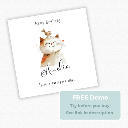 Editable Birthday Card - Cute Cat with Bird
