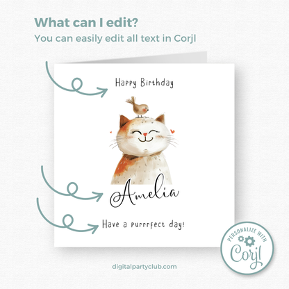 Editable Birthday Card - Cute Cat with Bird