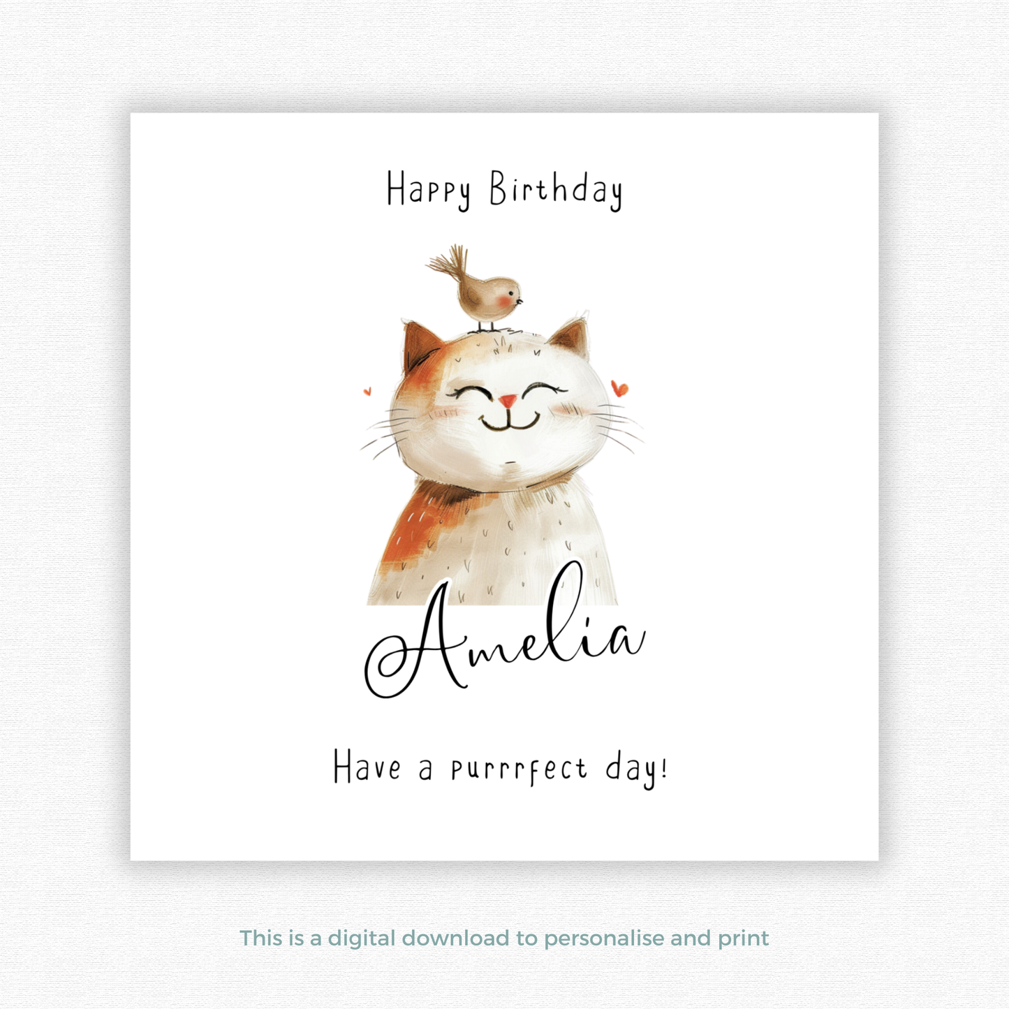 Editable Birthday Card - Cute Cat with Bird