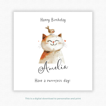 Editable Birthday Card - Cute Cat with Bird