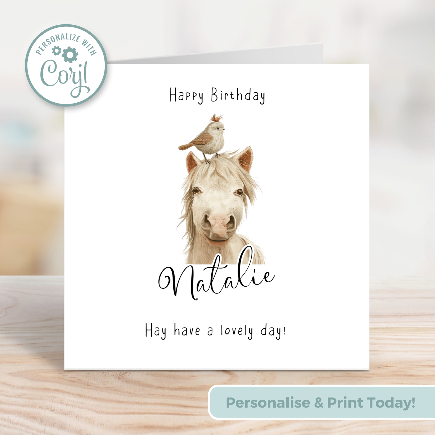 Editable Birthday Card - Cute Horse with Bird